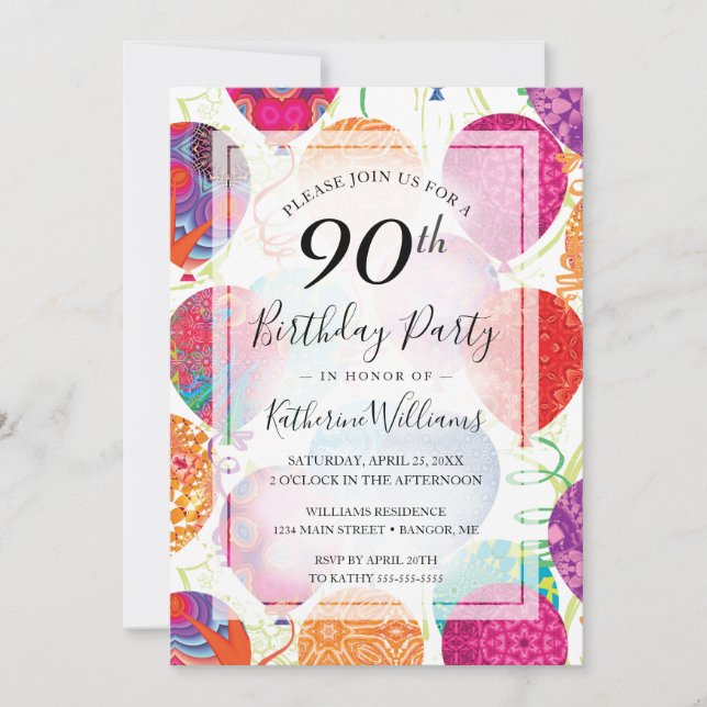 Modern Pink Purple Balloons 90th Birthday Party Invitation (Front)