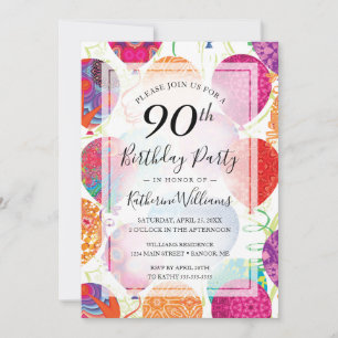 Modern Pink Purple Balloons 90th Birthday Party Invitation