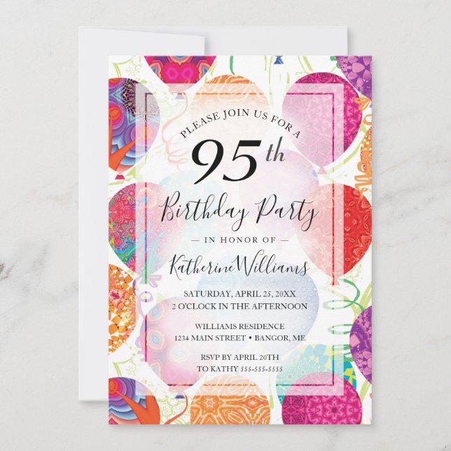 Modern Pink Purple Balloons 95th Birthday Party Invitation (Front)