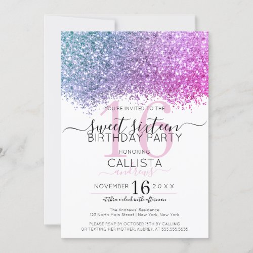 Modern Pink Purple Blue Glitter Confetti Sweet 16 Invitation