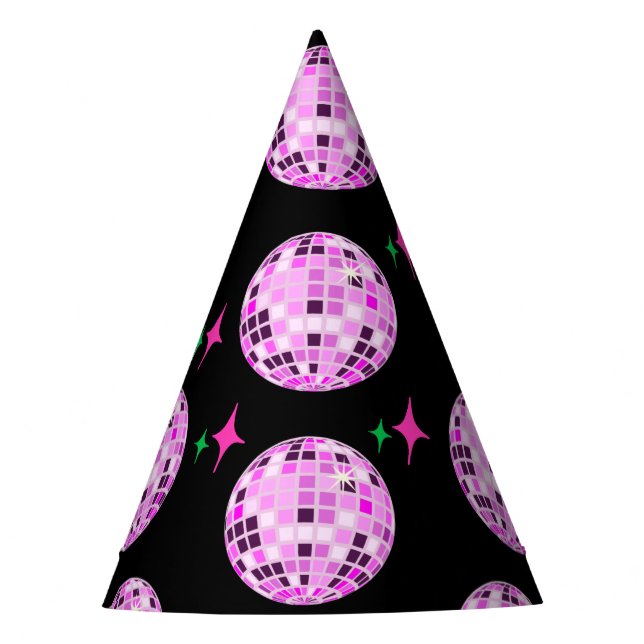 Modern Pink Purple Disco Ball Black Party Hat (Front)