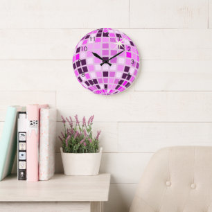 Modern Pink Purple Disco Ball Drawing White Large Clock