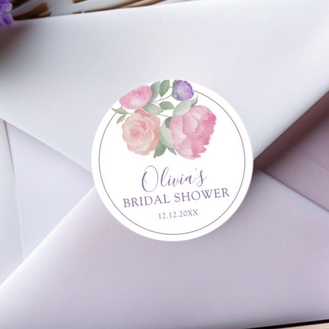 Modern Pink & Purple Floral Bridal Shower Classic Round Sticker (Creator Uploaded)