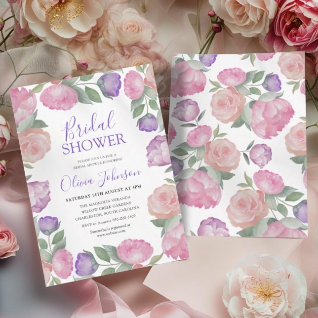 Modern Pink & Purple Floral Bridal Shower Invitation (Creator Uploaded)