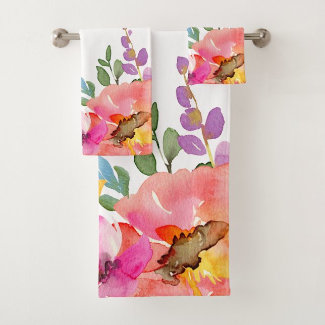 Modern Pink Purple Floral Pattern Watercolor Bath Towel Set (Insitu)