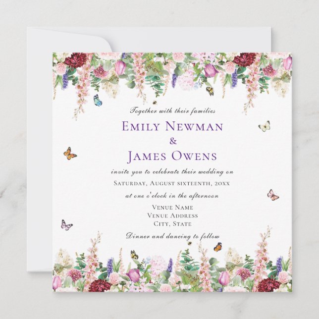 Modern Pink Purple Florals & Butterflies Wedding Invitation (Front)