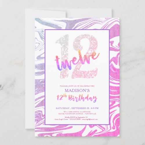 Modern Pink Purple Glitter 12th Birthday Invitation
