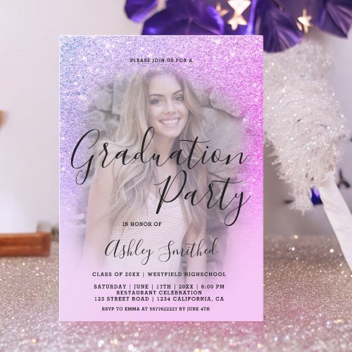 Modern pink purple glitter ombre photo graduation invitation