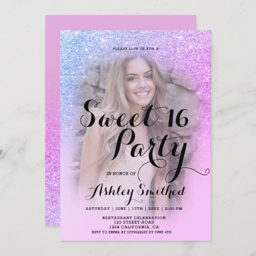 Modern pink purple glitter ombre photo Sweet 16 Invitation