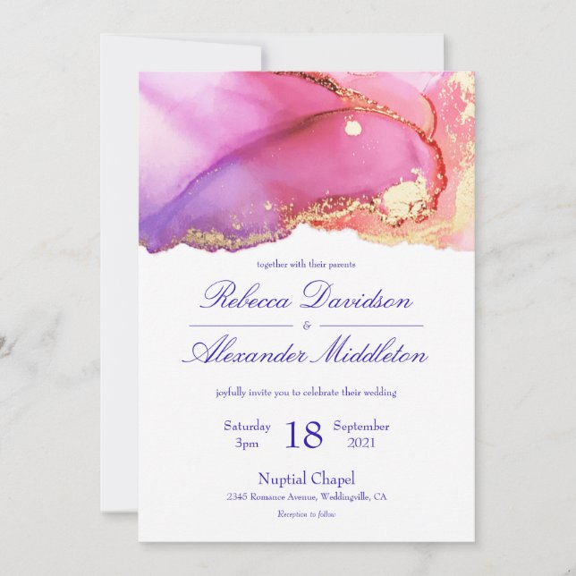 Modern Pink Purple Gold Watercolor Wedding Invitation (Front)