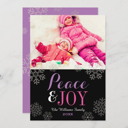 Modern Pink Purple Peace and Joy Snowflake Photo Holiday Card