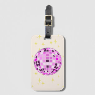 Modern Pink Purple Retro Disco Ball Beige Luggage Tag
