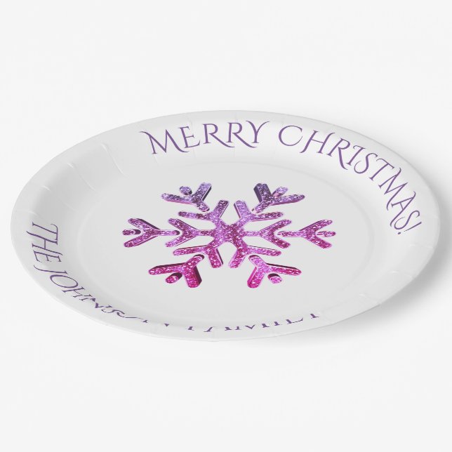 Modern Pink Purple Snowflake Christmas Party Paper Plates (Angled)