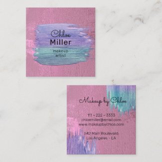 Modern Pink Purple Teal Paint Stroke Makeup Artist Square Business Card