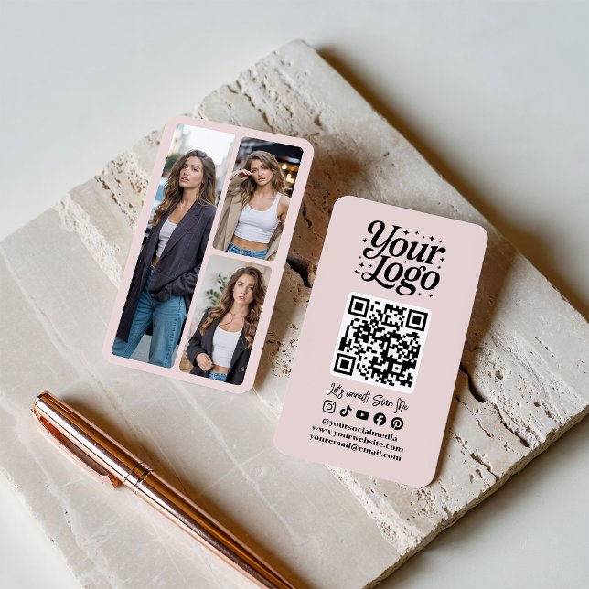 Modern Pink QR Code Social Media Icons Logo Photo Business Card (Modern Pink QR Code Social Media Icons Logo Photo)