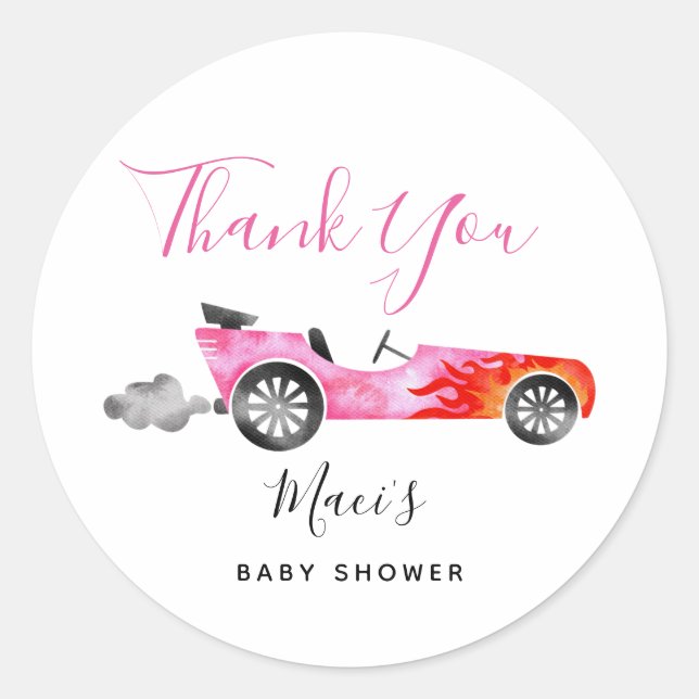 Modern Pink Race Car Baby Shower Favor Classic Round Sticker (Front)