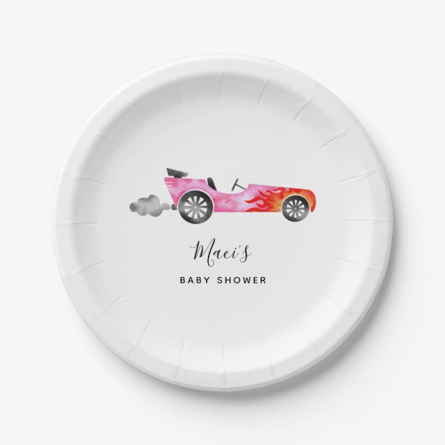 Modern Pink Race Car Girl Baby Shower Paper Plates (Front)