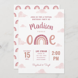 Modern Pink Rainbow Clouds Virtual First Birthday Invitation