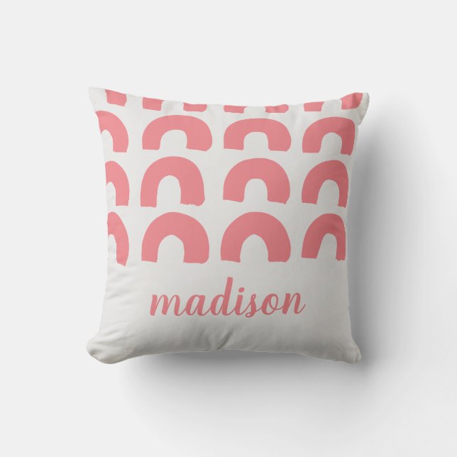Modern Pink Rainbow Gray Adorable Kids Custom Throw Pillow (Front)