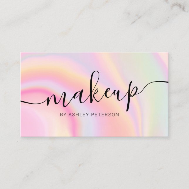Modern pink rainbow unicorn marble script makeup business card (Front)
