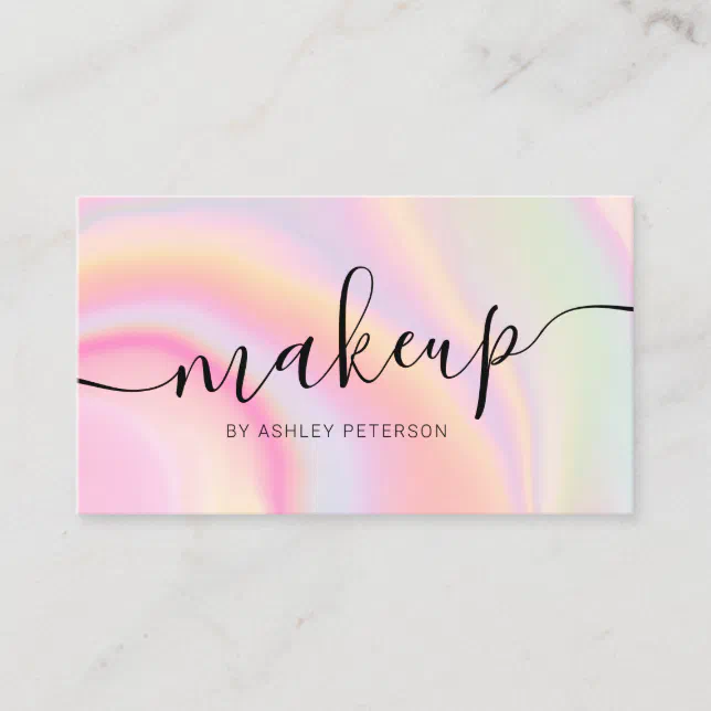 Modern pink rainbow unicorn marble script makeup business card | Zazzle