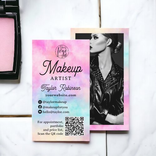 Modern pink rainbow watercolor makeup artist business card