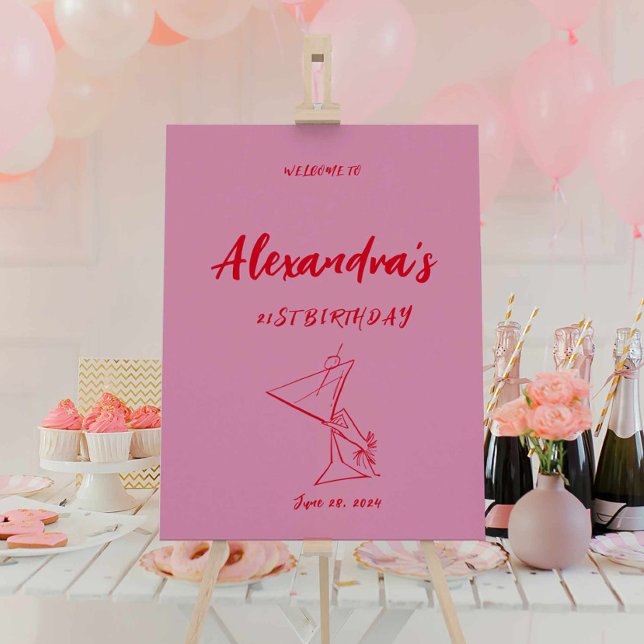 Modern Pink Red 21st Birthday Welcome Sign (Creator Uploaded)