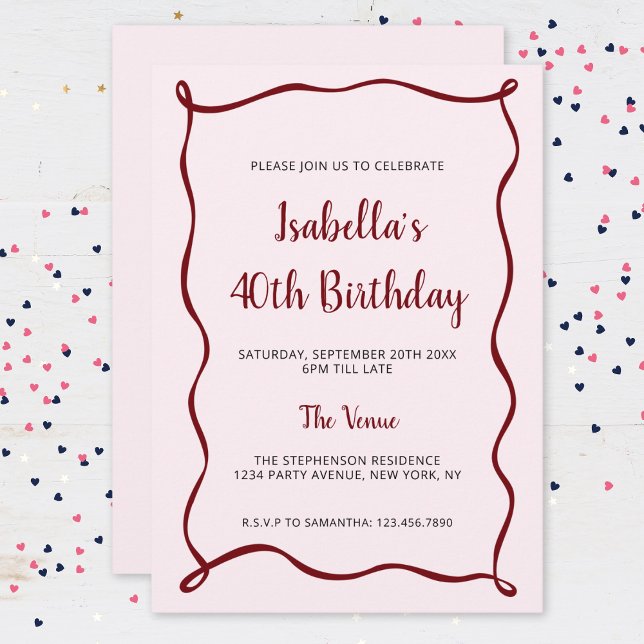 Modern Pink Red 40th Birthday Hand Drawn Border Invitation (Creator Uploaded)