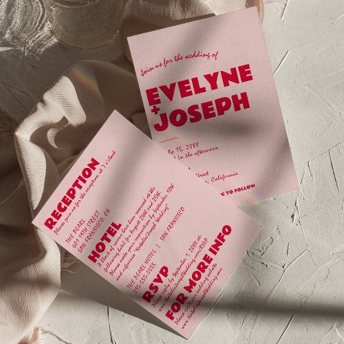 Modern Pink Red All In One Fun Bold Funky Wedding Invitation