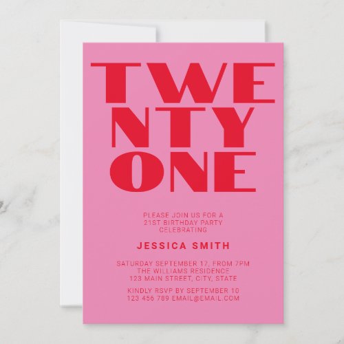 Modern Pink Red Bold 21st Birthday Invitation