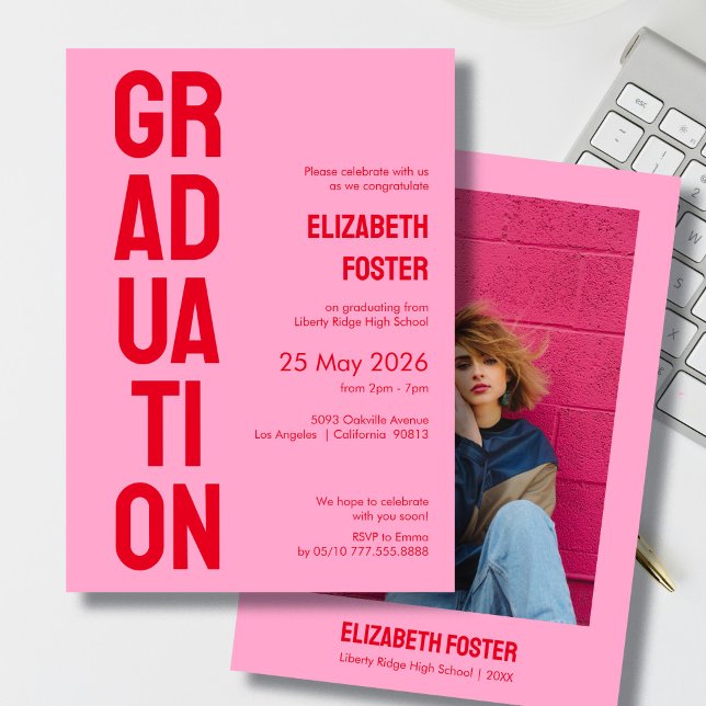 Modern pink & red bold font graduation Invitation (Creator Uploaded)