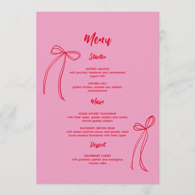 Modern Pink Red Bow Birthday Menu (Front)