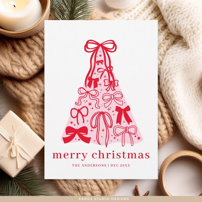 Modern Pink Red Bow Christmas Flat Holiday Card (Christmas card shown in 5 x 7 inches with square corners. Choose size, paper and corner style.)