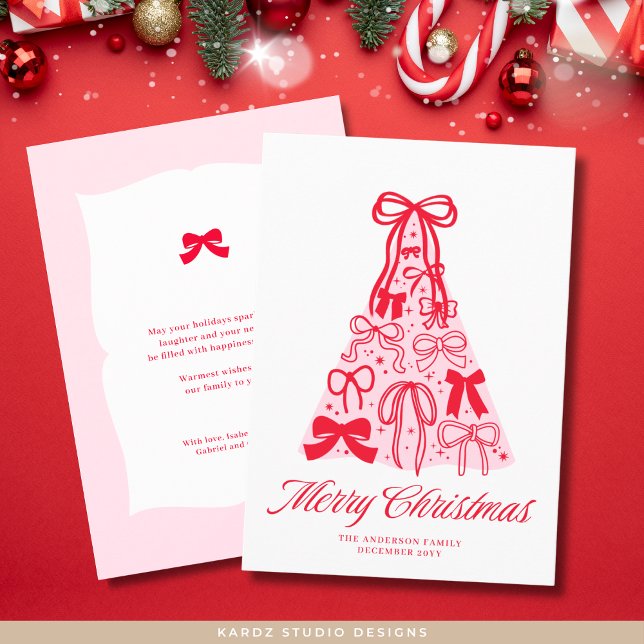 Modern Pink Red Bow Merry Christmas Holiday Card (Front and back of 5 x 7 inches flat card shown. Personalize and choose paper and corner style.)