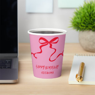 Modern Pink Red Bow Personalized Adult Birthday Paper Cups