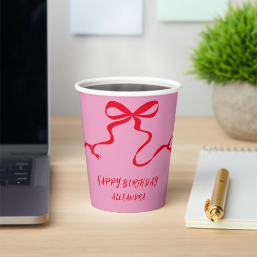 Modern Pink Red Bow Personalized Adult Birthday  Paper Cups