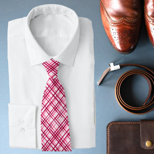 Modern Pink Red Brushstroke Plaid Wedding Neck Tie