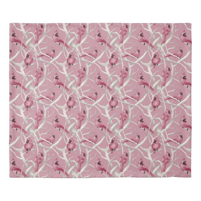 Modern Pink & Red Cardinal Birds Duvet Cover (Front)