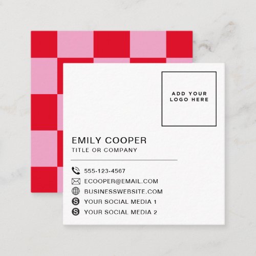 Modern Pink Red  Checker Checkerboard Your Logo Square Business Card
