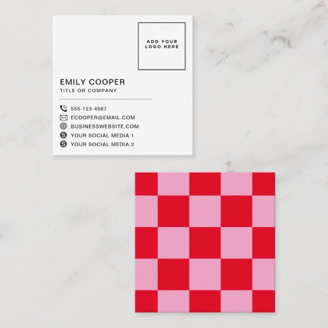 Modern Pink Red | Checker Checkerboard Your Logo Square Business Card (Front/Back)
