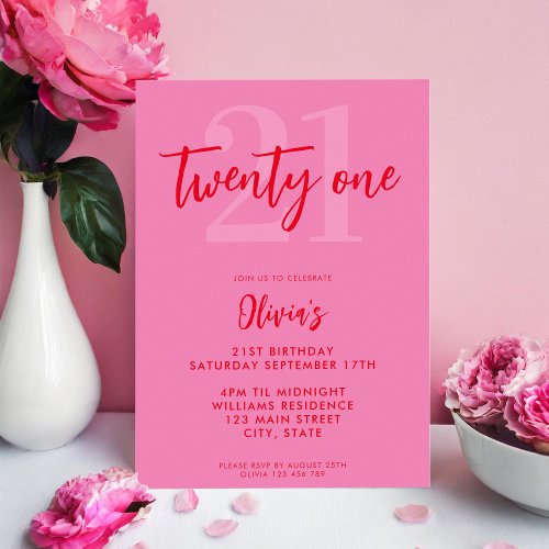 Modern Pink Red Elegant 21st Birthday Invitation