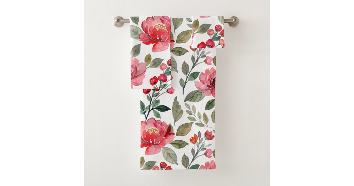 Modern Pink Red Floral Botanical Pattern Bath Towel Set Zazzle