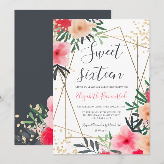 Modern pink red floral gold border sweet sixteen invitation (Front/Back)