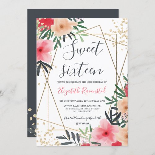Modern pink red floral gold border sweet sixteen invitation