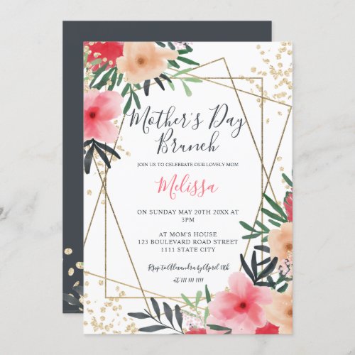 Modern pink red floral gold mothers day brunch invitation