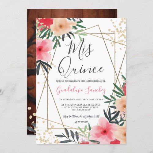 Modern pink red floral gold photo quinceanera invitation