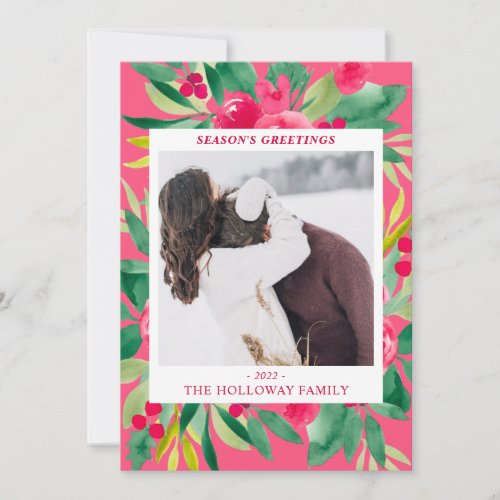 modern pink red floral watercolor Christmas photo Holiday Card