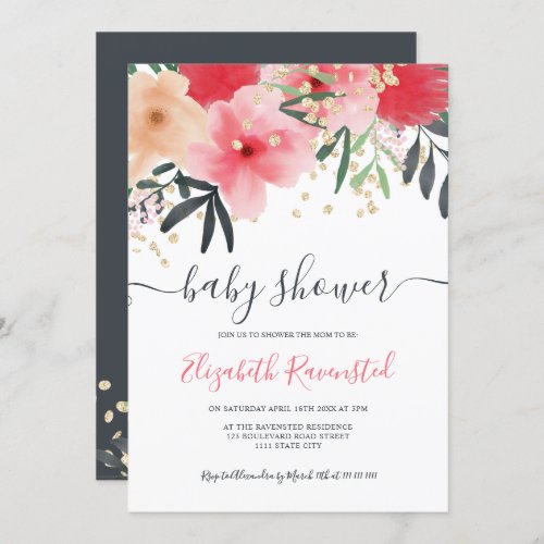 Modern pink red green floral gold baby shower invitation