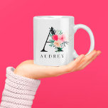 Modern pink red green floral gold monogram name coffee mug<br><div class="desc">Romantic and elegant floral watercolor monogram with hand painted pastel blush pink ,  bright red,  dark gray,  blue and yellow flowers arrangement and modern and chic script calligraphy with gold glitter confetti. <_ove20_the20_flowers20_around20_to20_match20_your20_initials. the="" flowers="" around="" to="" match="" your=""></_ove20_the20_flowers20_around20_to20_match20_your20_initials.></div>