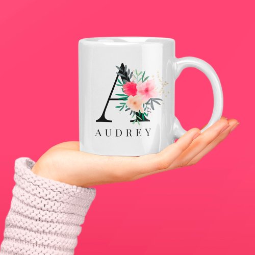 Modern pink red green floral gold monogram name coffee mug